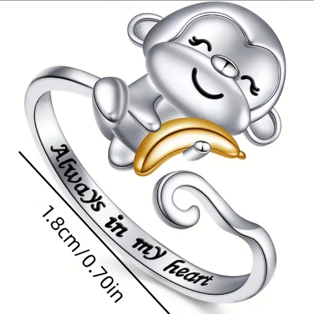 925 Sterling Silver Monkey Adjustable Opening Ring With Always In My Heart - Picture 5 of 5